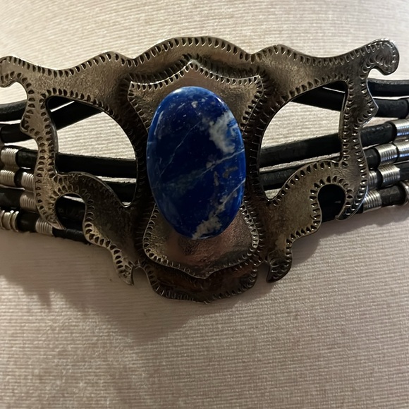 Vintage A.C. Gypsy lapis with corded silver tone beaded statement belt - Picture 4 of 15